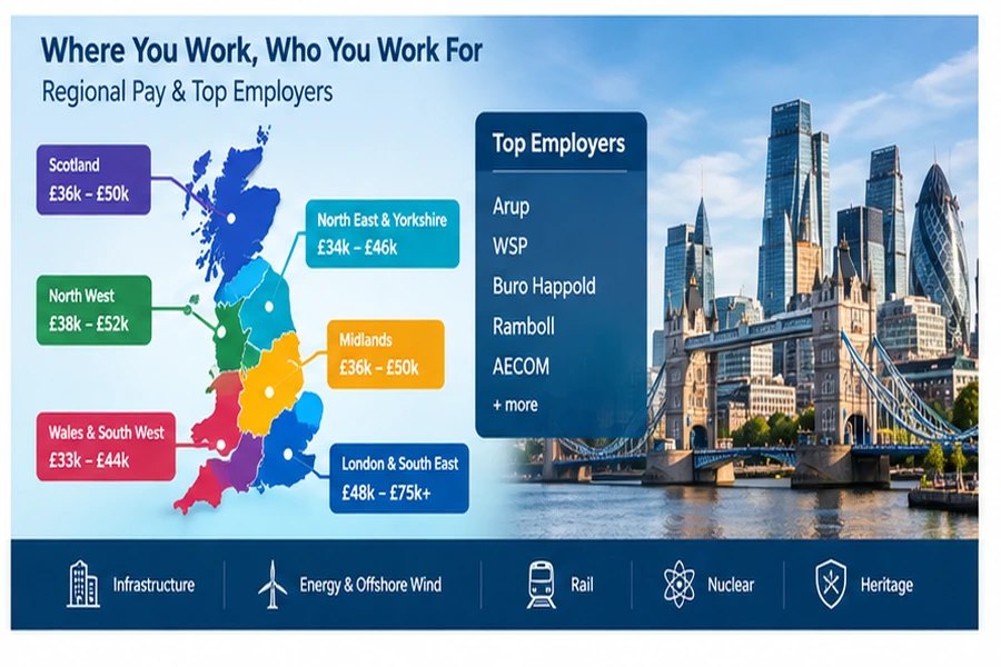 Structural engineer salaries by UK region and major engineering employers